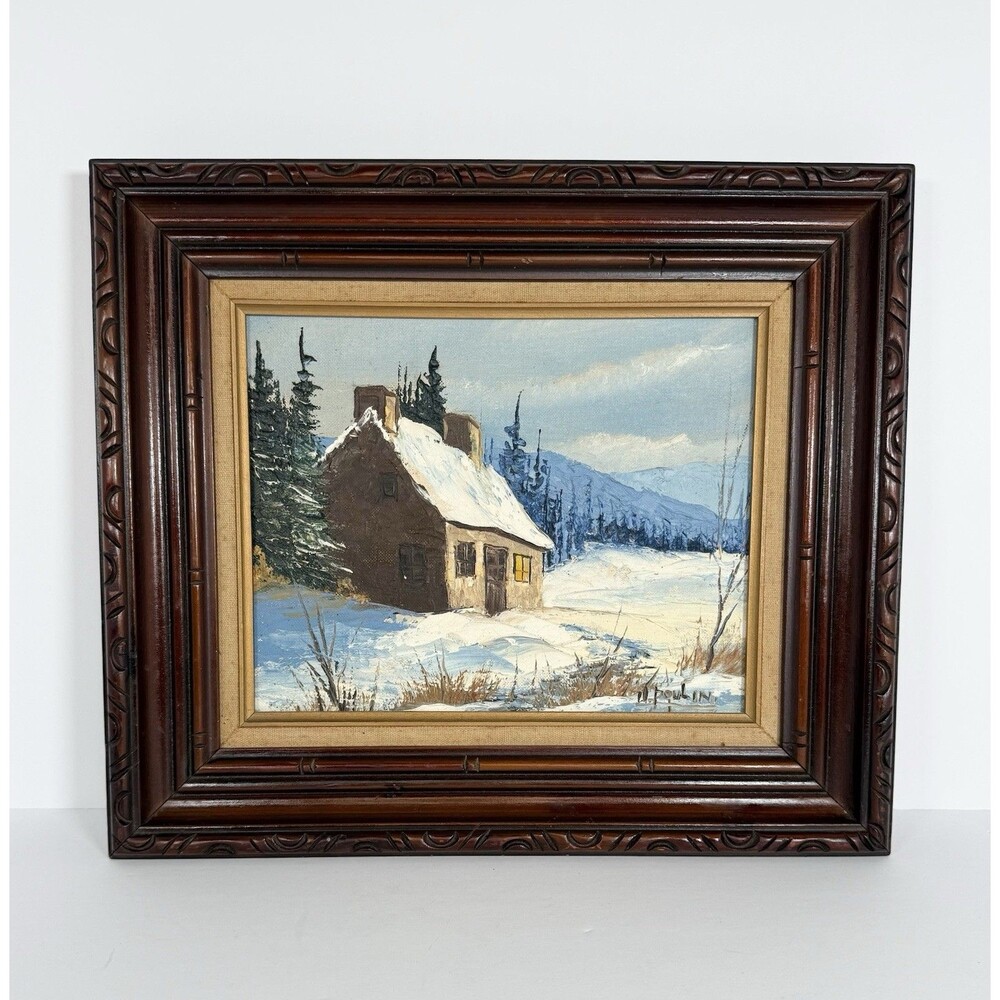 Winter Cottage Landscape Scene Oil Painting In Wood Frame MCM VTG Cozy Cottage